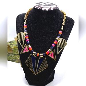 "5/$25" Vtg 80s Retro Multicolored Adjustable Statement Bib Gold Tone Necklace
